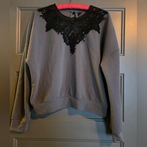 Gray Waffle Knit Sweater with Black Lace Detail